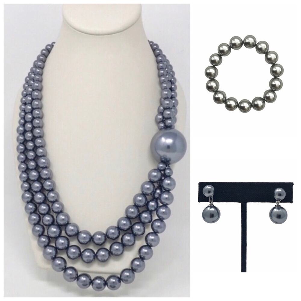 Silver Gray Statement 3 Piece Necklace Bracelet & Earrings Acrylic Set
